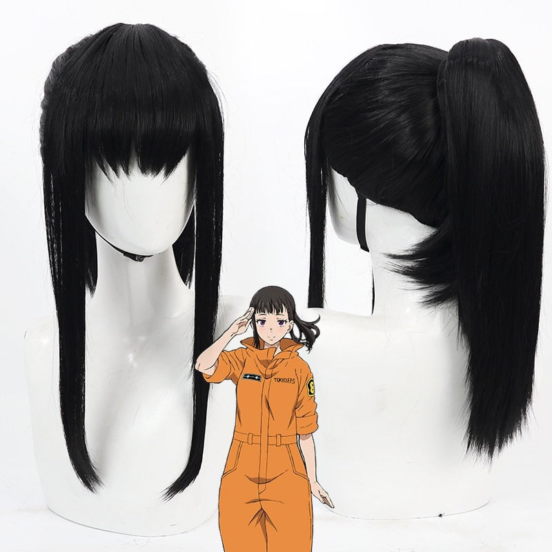 Anime Cosplay Wigs Fire Force Maki Oze Black Ponytail Wigs