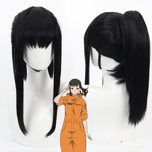 Anime Cosplay Wigs Fire Force Maki Oze Black Ponytail Wigs