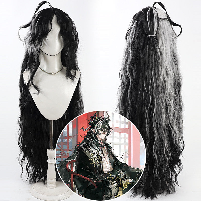 Arknights Wang Cosplay Wigs Black White Split Ponytail Wigs
