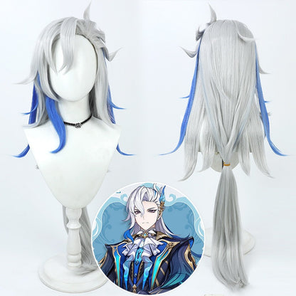 Cosplay Wigs Game Neuvillette Genshin Impact Silver Blue Highlight Long Wigs