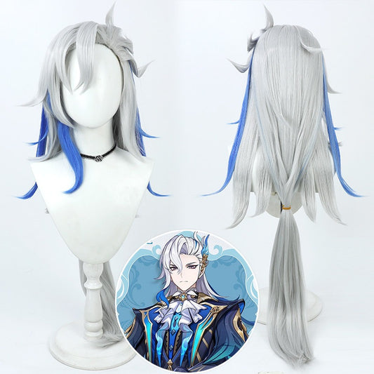 Cosplay Wigs Game Neuvillette Genshin Impact Silver Blue Highlight Long Wigs