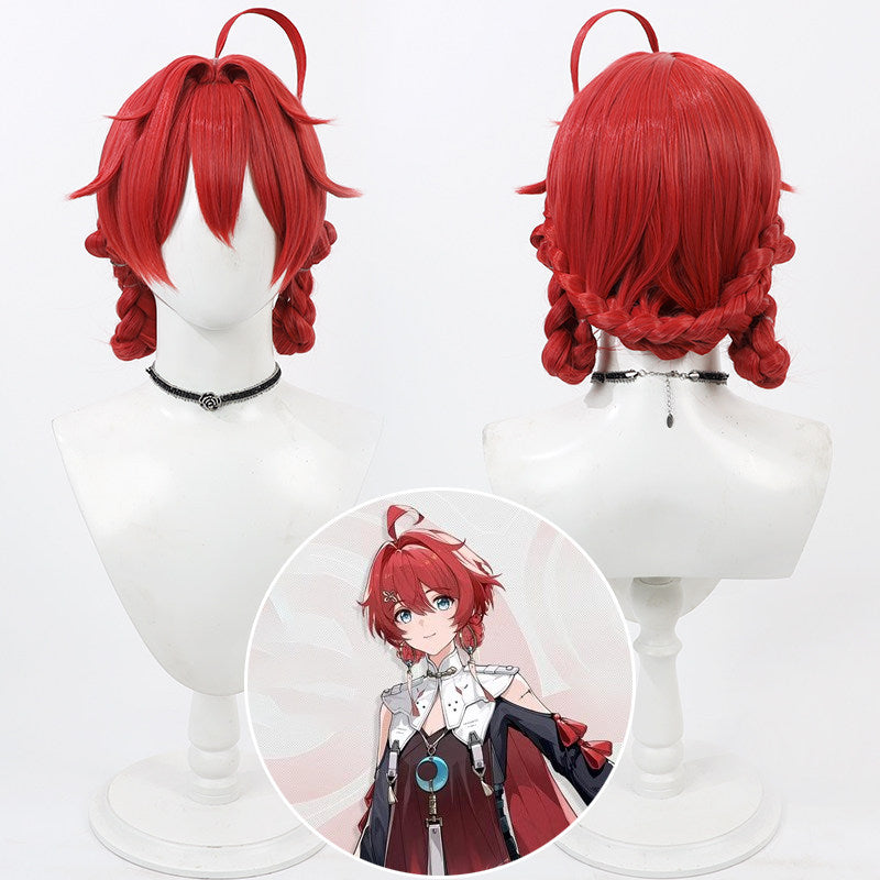 Danjin Cosplay Wigs Red Integrated Braid Updo Wigs Wuthering Waves